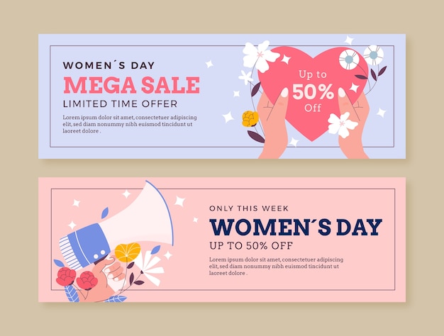 Flat women's day celebration horizontal sale banner template