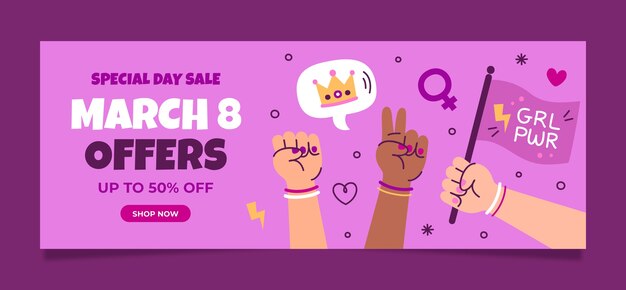Flat women's day celebration horizontal sale banner template