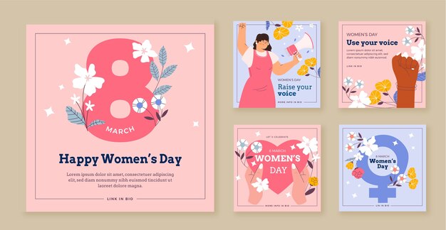 Flat women's day celebration instagram posts collection