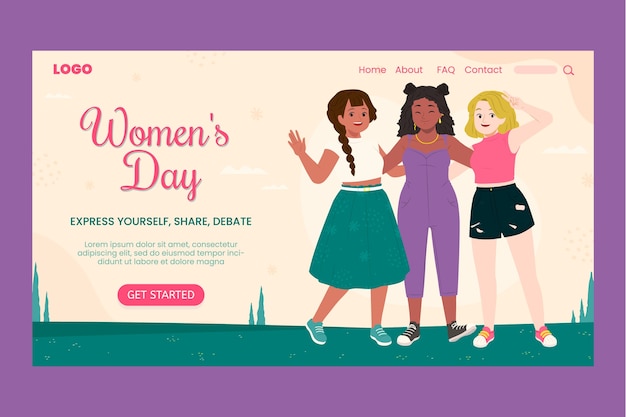 Flat women's day celebration landing page template