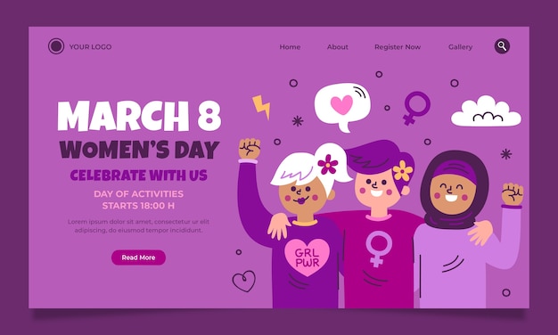 Flat women's day celebration landing page template
