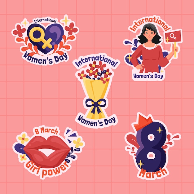 Бесплатное векторное изображение Коллекция наклеек для празднования плоского женского дня