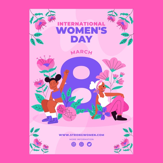 Плоский женский день празднования вертикального шаблона плаката