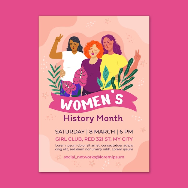 플랫 여성 역사의 달 세로 포스터 템플릿