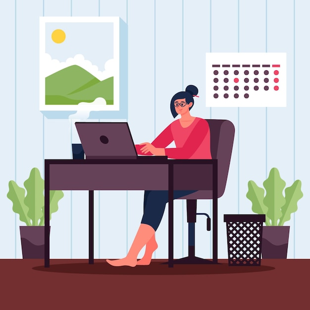 Flat working day scene with device