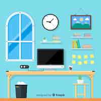 Free vector flat workspace concept with desk and chair