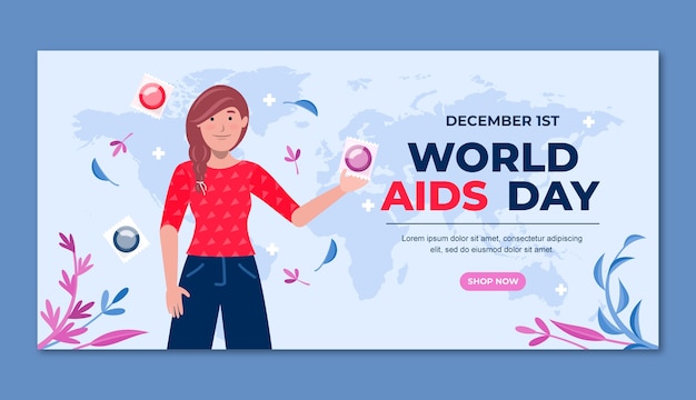Vettore gratuito modello di banner orizzontale per la giornata mondiale contro l'aids piatto