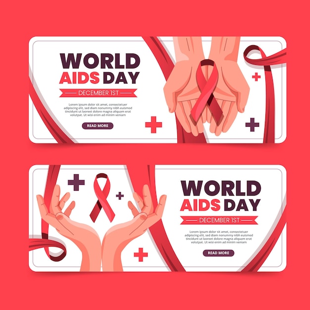 Vettore gratuito set di banner orizzontali piatto per la giornata mondiale dell'aids