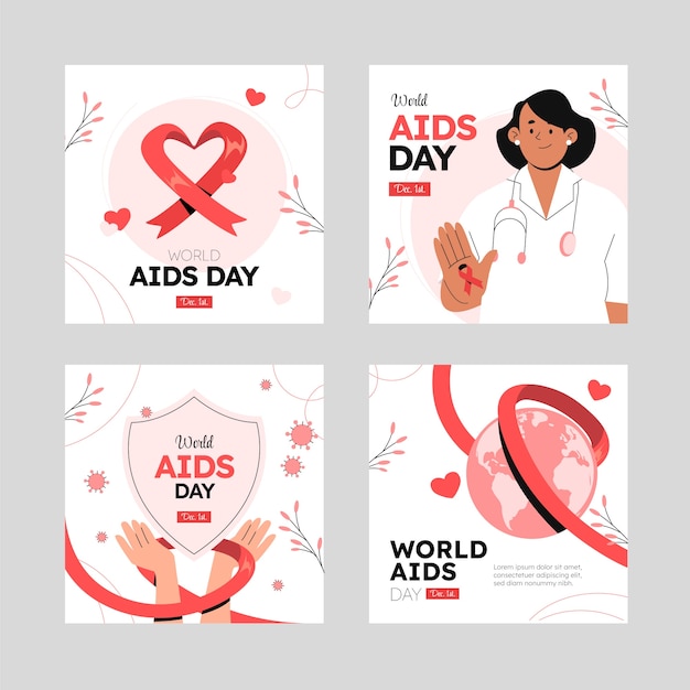 Vettore gratuito raccolta di post di instagram per la giornata mondiale dell'aids piatta