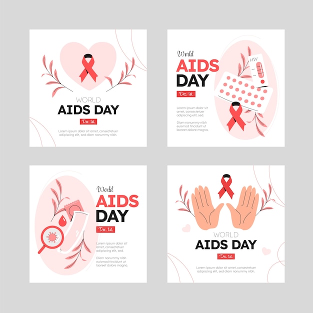 Vettore gratuito raccolta di post di instagram per la giornata mondiale dell'aids piatta