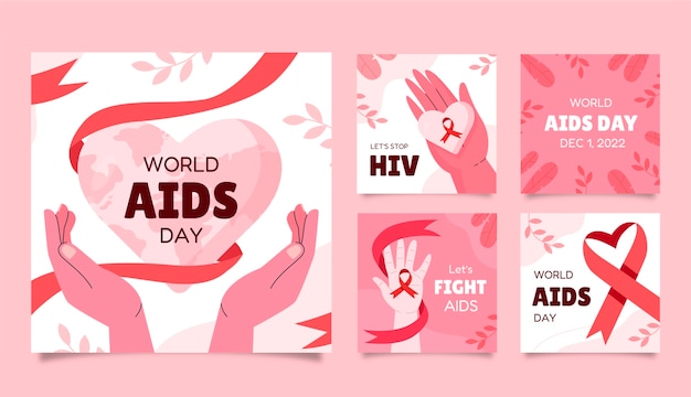 Vettore gratuito raccolta di post di instagram per la giornata mondiale dell'aids piatta