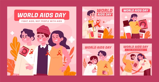 Vettore gratuito raccolta di post di instagram per la giornata mondiale dell'aids piatta