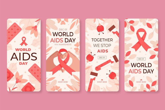 Vettore gratuito raccolta di storie di instagram per la giornata mondiale dell'aids piatta