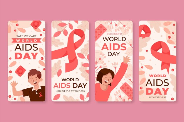 Vettore gratuito raccolta di storie di instagram per la giornata mondiale dell'aids piatta