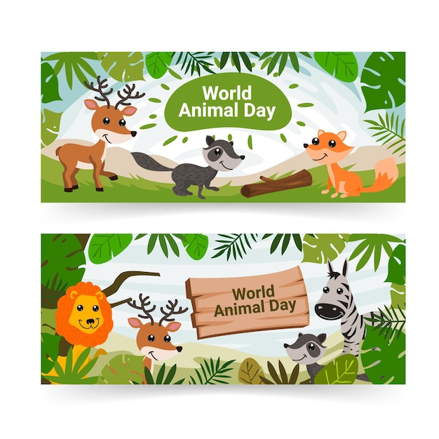 Flat world animal day horizontal banners set