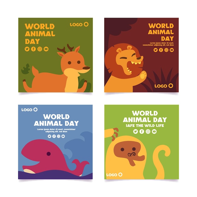 Free vector flat world animal day instagram posts collection