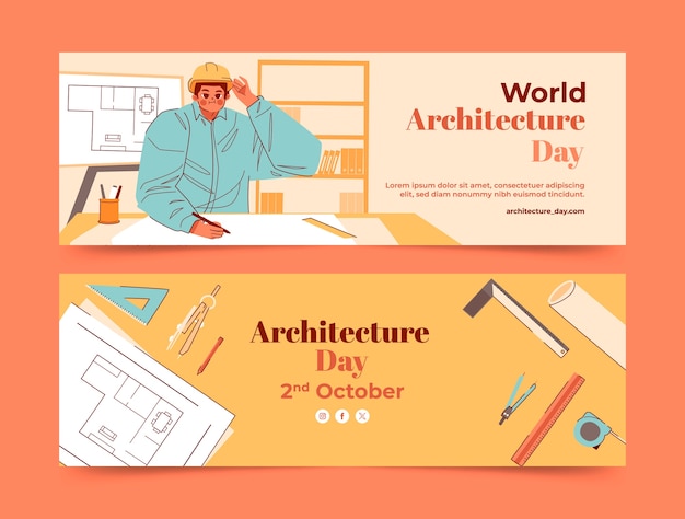 Vettore gratuito modello di banner orizzontale piatto per la giornata mondiale dell'architettura