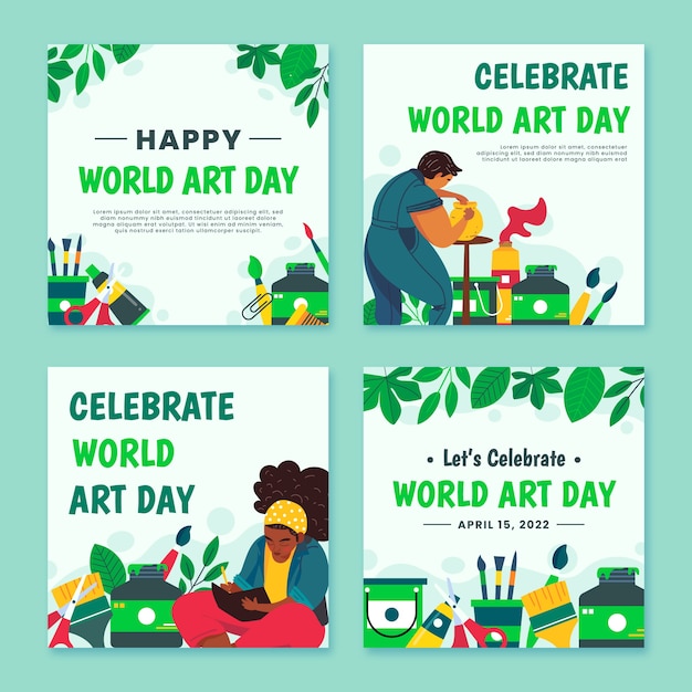 Free vector flat world art day instagram posts collection