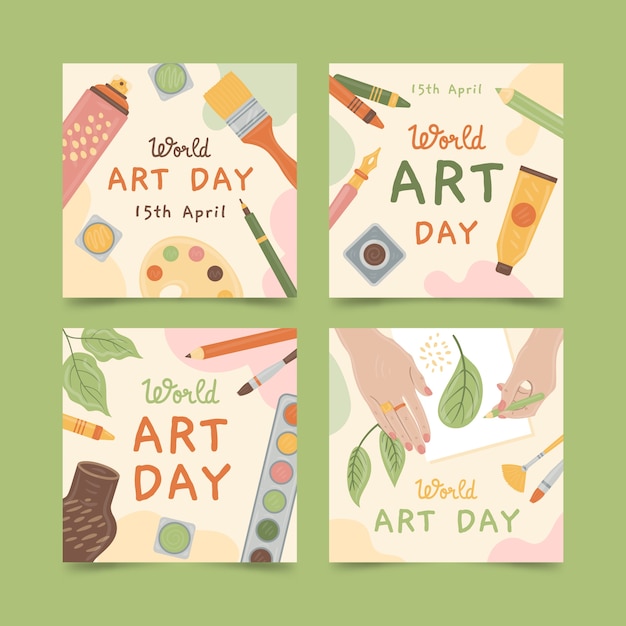 Free vector flat world art day instagram posts collection