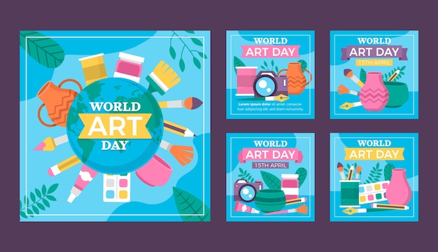 Free vector flat world art day instagram posts collection