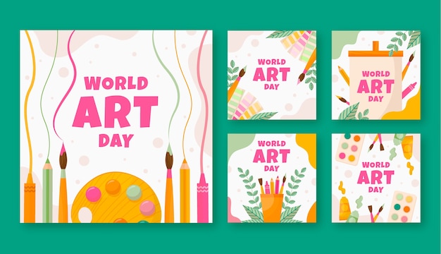 Free vector flat world art day instagram posts collection