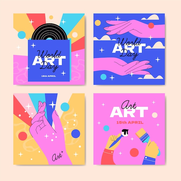 Free vector flat world art day instagram posts collection