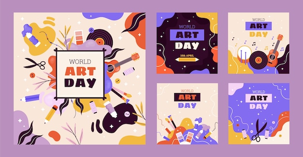 Flat World Art Day Instagram Posts Collection Free Vector Download