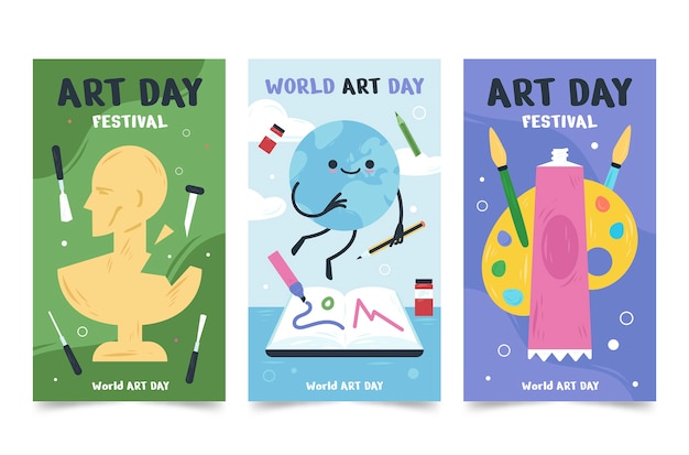 Free vector flat world art day instagram stories collection