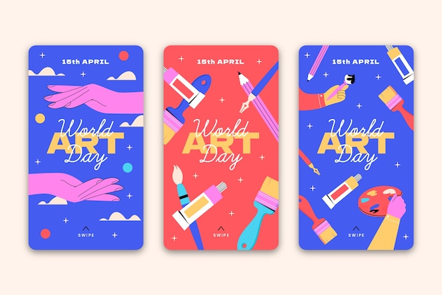 Free vector flat world art day instagram stories collection