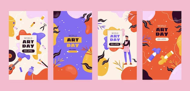 Free vector flat world art day instagram stories collection