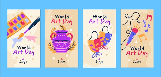 Free vector flat world art day instagram stories collection