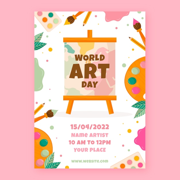 Vettore gratuito modello di poster verticale per la giornata mondiale dell'arte piatta