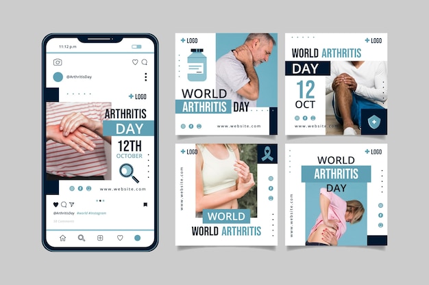 Free vector flat world arthritis day instagram posts collection with photo