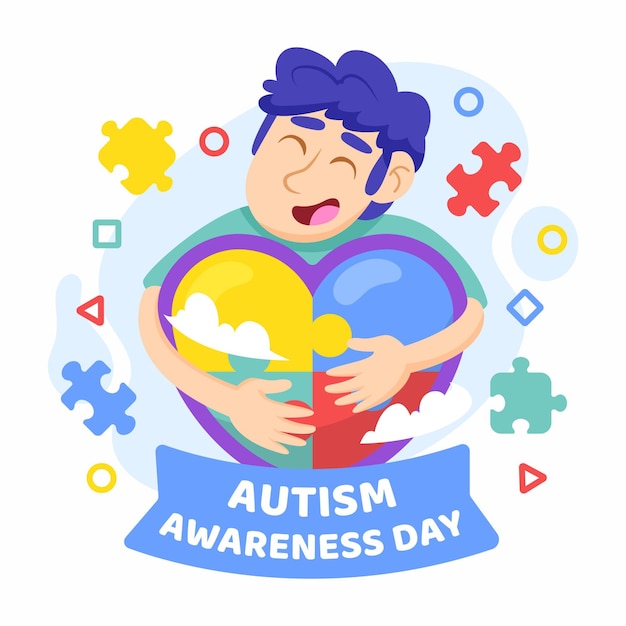 Flat world autism awareness day illustration with puzzle pieces