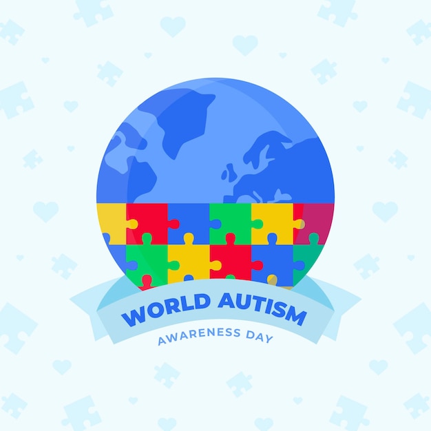 Vettore gratuito illustrazione di giorno di consapevolezza dell'autismo mondo piatto con pezzi di un puzzle