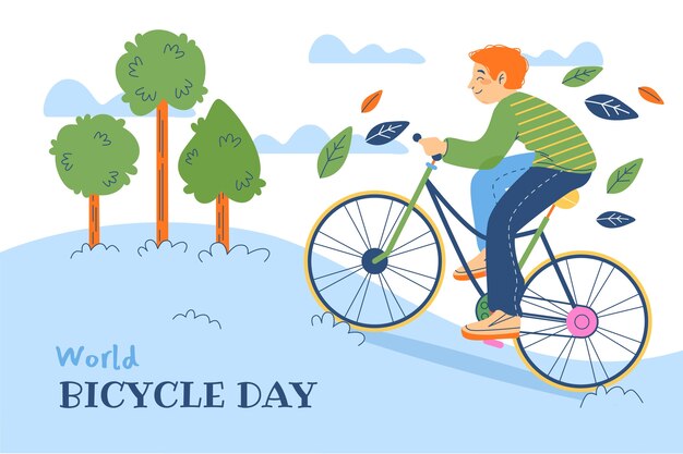 Плоский всемирный день велосипеда фон с мальчиком на велосипеде