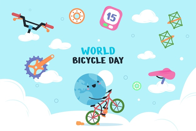 Flat world bicycle day background with earth planet
