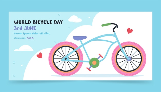 Flat world bicycle day horizontal banner template with bike