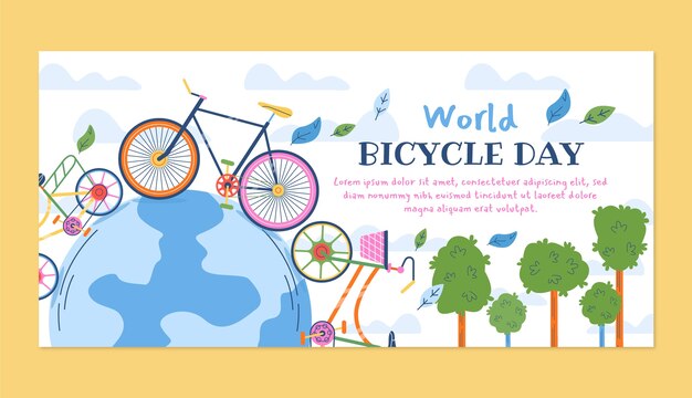 Flat world bicycle day horizontal banner template with bikes and planet