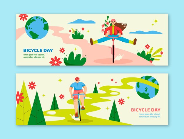 Flat world bicycle day horizontal banners collection