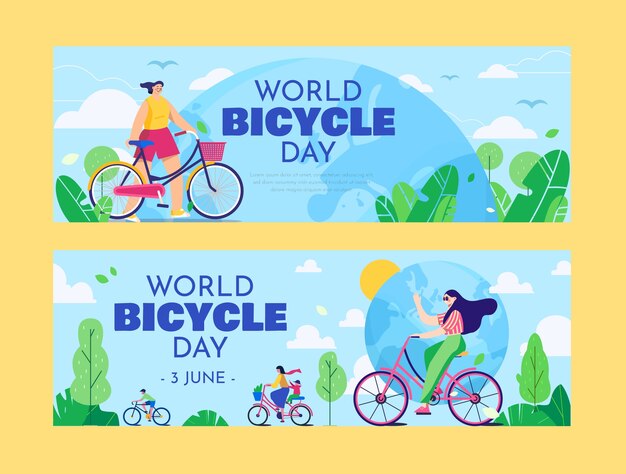 Flat world bicycle day horizontal banners set