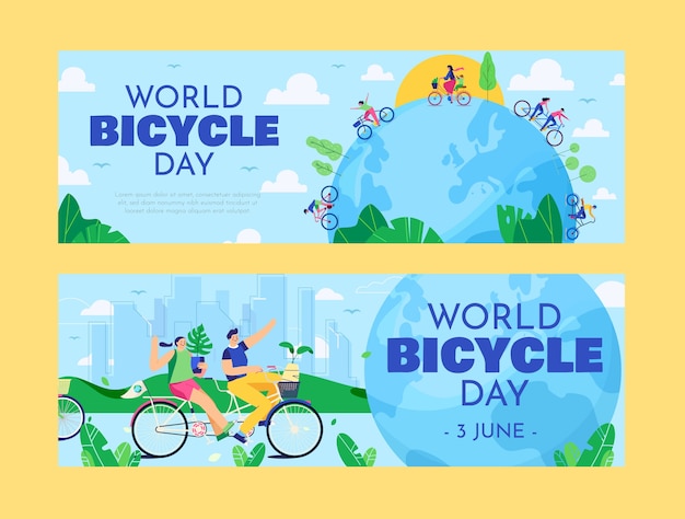 Set di banner orizzontali per la giornata mondiale della bicicletta piatta