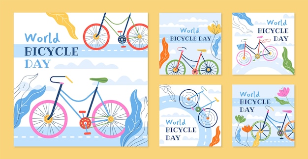 Vettore gratuito collezione di post instagram per la giornata mondiale della bicicletta piatta