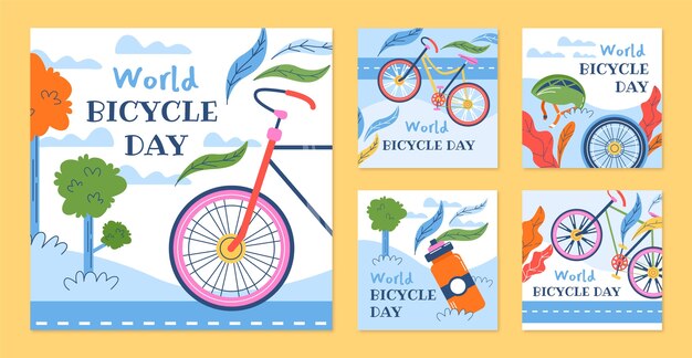 Free vector flat world bicycle day instagram posts collection