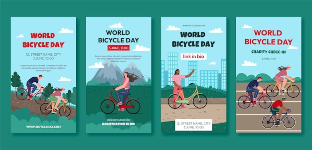 Vettore gratuito collezione di storie di instagram per la giornata mondiale della bicicletta piatta