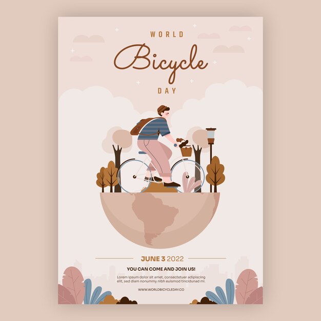 Flat world bicycle day vertical flyer template