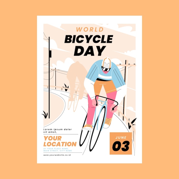 Flat world bicycle day vertical flyer template
