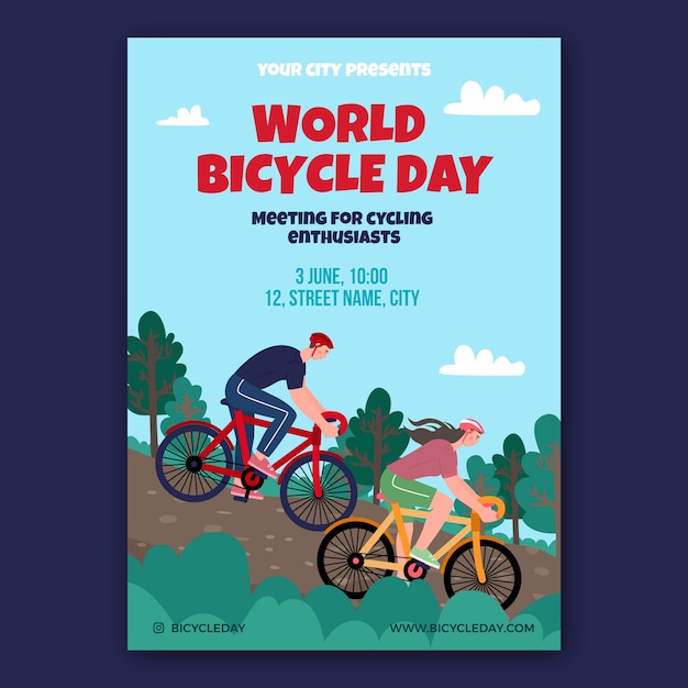 Flat world bicycle day vertical poster template