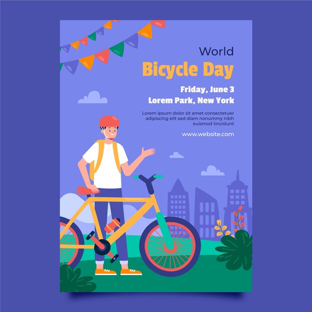 Flat world bicycle day vertical poster template