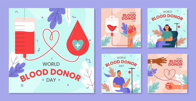 Vettore gratuito collezione di post instagram per la giornata mondiale del donatore di sangue piatto